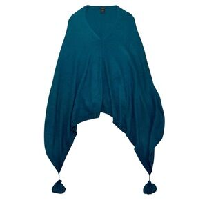 ANN TAYLOR Poncho Sweater Teal Blue Green Soft One Size Pull Over Knit Tassel